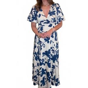 NEW URBAN DAIZY floral print puff sleeve maxi dress in blue/white
